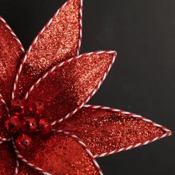 Red Glitter Poinsetta Flower Clip with Twine Trim and Bells Cheap
