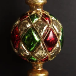 Red, Green and Gold Diamond Pressed Glass Christmas Finial Best Sale