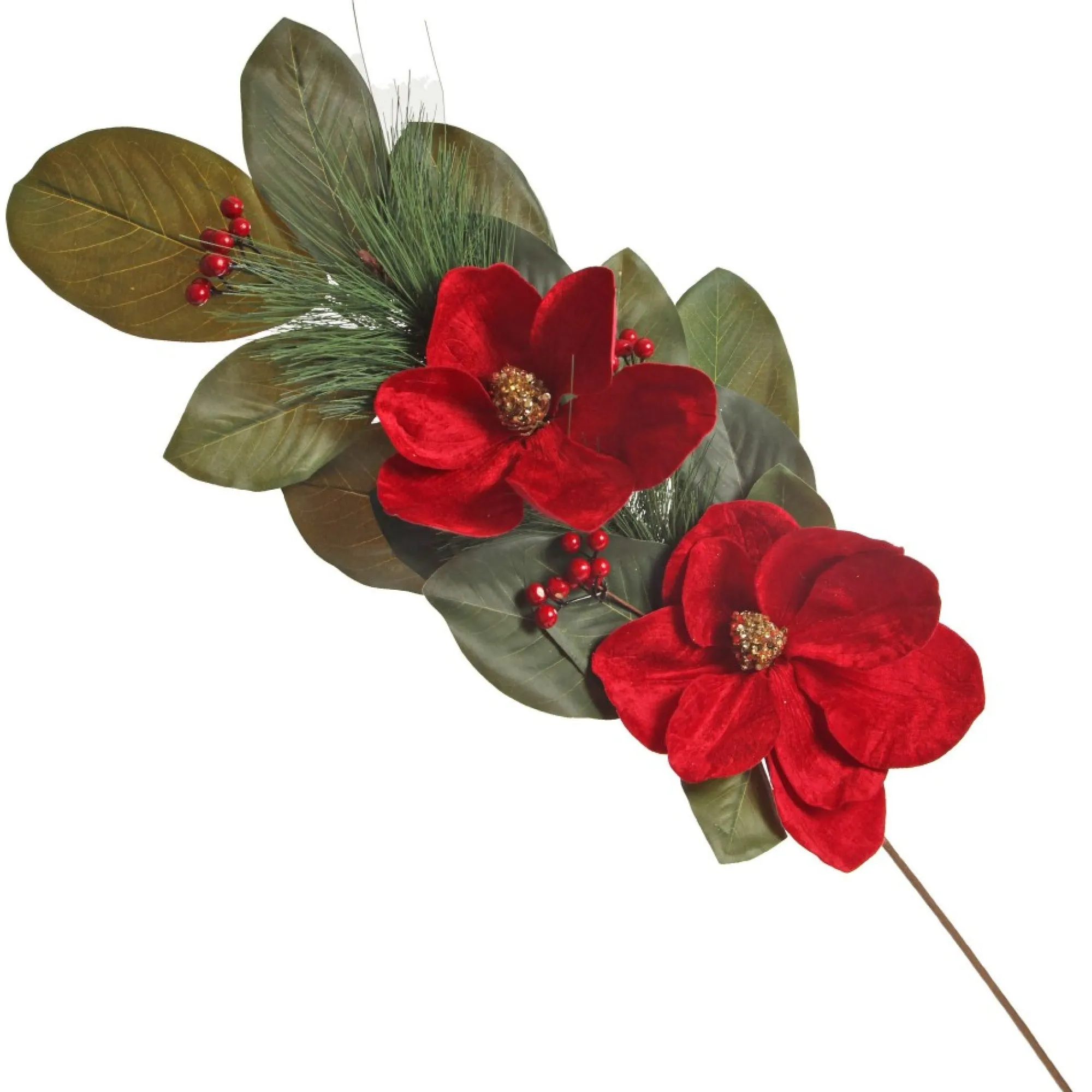 Red Magnolia Flower Green Leaf and Pine Christmas Spray Shop