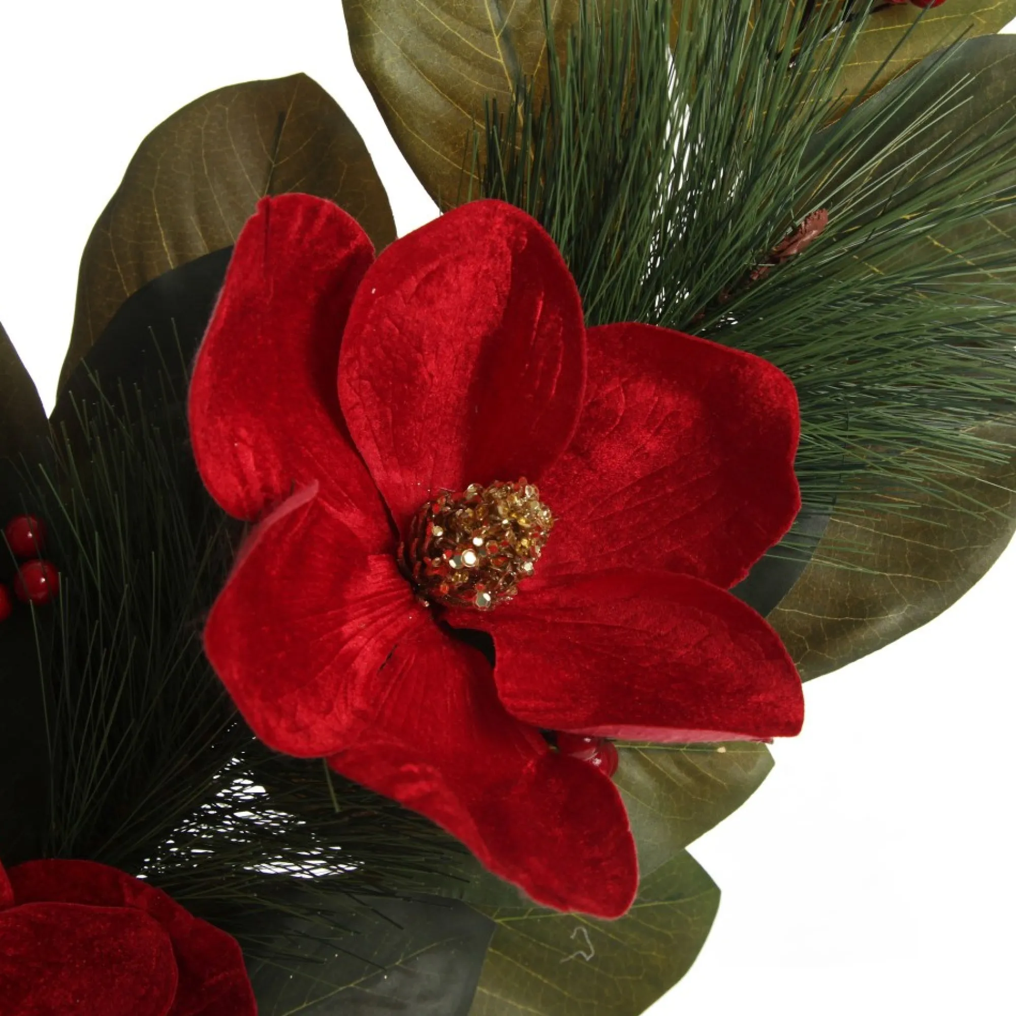 Red Magnolia Flower Green Leaf and Pine Christmas Spray Shop