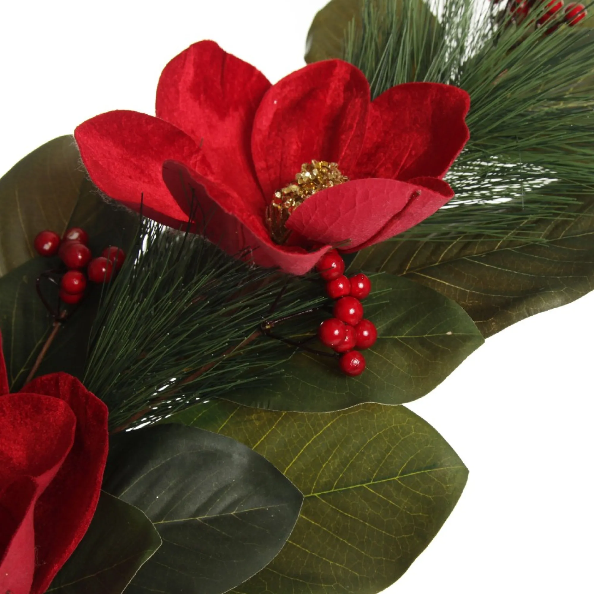 Red Magnolia Flower Green Leaf and Pine Christmas Spray Shop