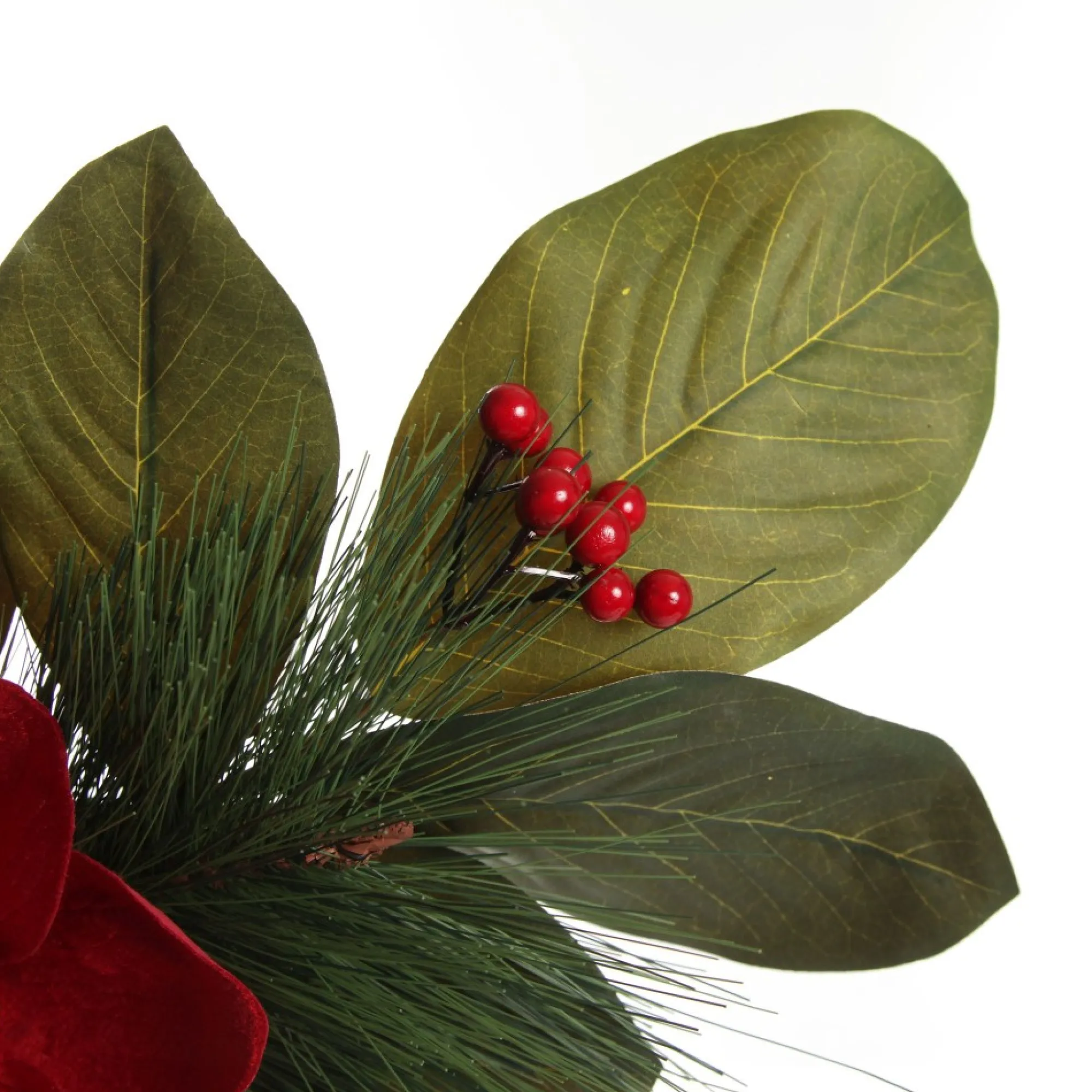 Red Magnolia Flower Green Leaf and Pine Christmas Spray Shop