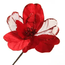 Red Satin Magnolia Flower Stem with Glitter Trim Cheap