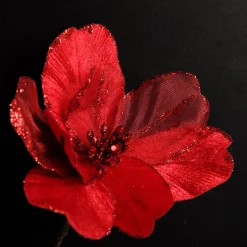 Red Satin Magnolia Flower Stem with Glitter Trim Cheap