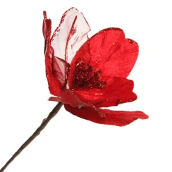 Red Satin Magnolia Flower Stem with Glitter Trim Cheap
