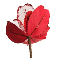 Red Satin Magnolia Flower Stem with Glitter Trim Cheap