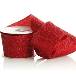 Red Sparkle Glitter Ribbon Wired Edge - 6.3cm Flash Sale