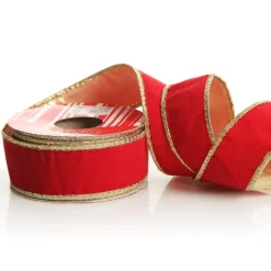 Red Velvet Gold Trim Wired Christmas Ribbon Flash Sale