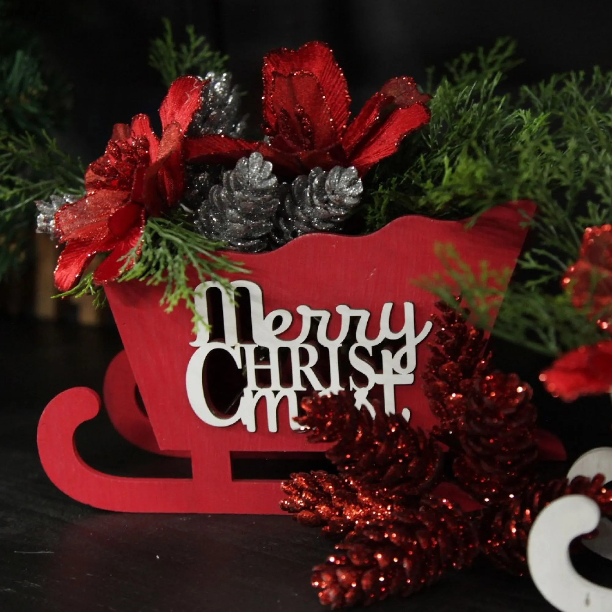 Red Wooden Sleigh with Merry Christmas Cheap