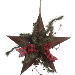 Rusted Tin Star Tree Topper with Buffalo Check Bow and Pine Fashion