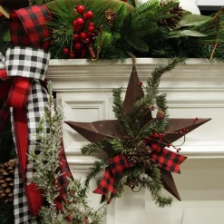 Rusted Tin Star Tree Topper with Buffalo Check Bow and Pine Fashion