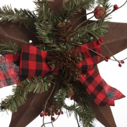 Rusted Tin Star Tree Topper with Buffalo Check Bow and Pine Fashion