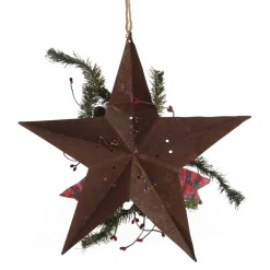 Rusted Tin Star Tree Topper with Buffalo Check Bow and Pine Fashion