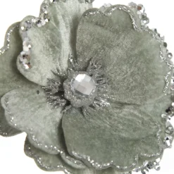 Sage Velvet Magnolia Flower Clip with Jewel Centre and Sequin Tips Hot