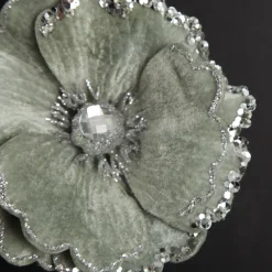 Sage Velvet Magnolia Flower Clip with Jewel Centre and Sequin Tips Hot