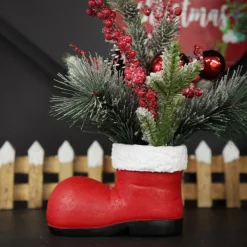 Santa Boot Christmas Ornament with Frosted Pine, Pinecone and Berries Outlet