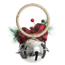 Silver Christmas Bell Door Hanger with Red Buffalo Check Bow Sale