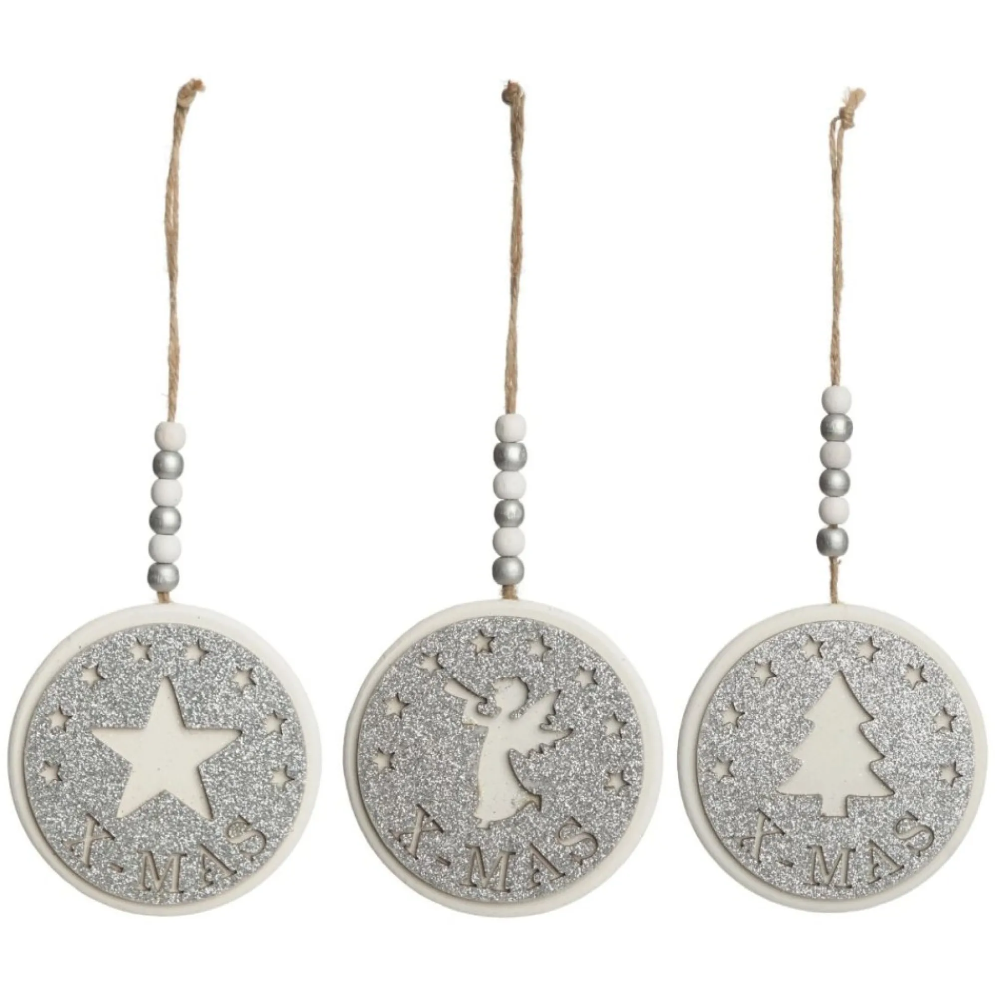 Silver Glitter Wooden Hanging Decorations with Christmas Cut Outs - Set of 3 Cheap