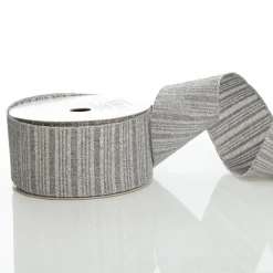 Silver Grey Glitter and Linen Striped Wired Ribbon - 6.5cm Store