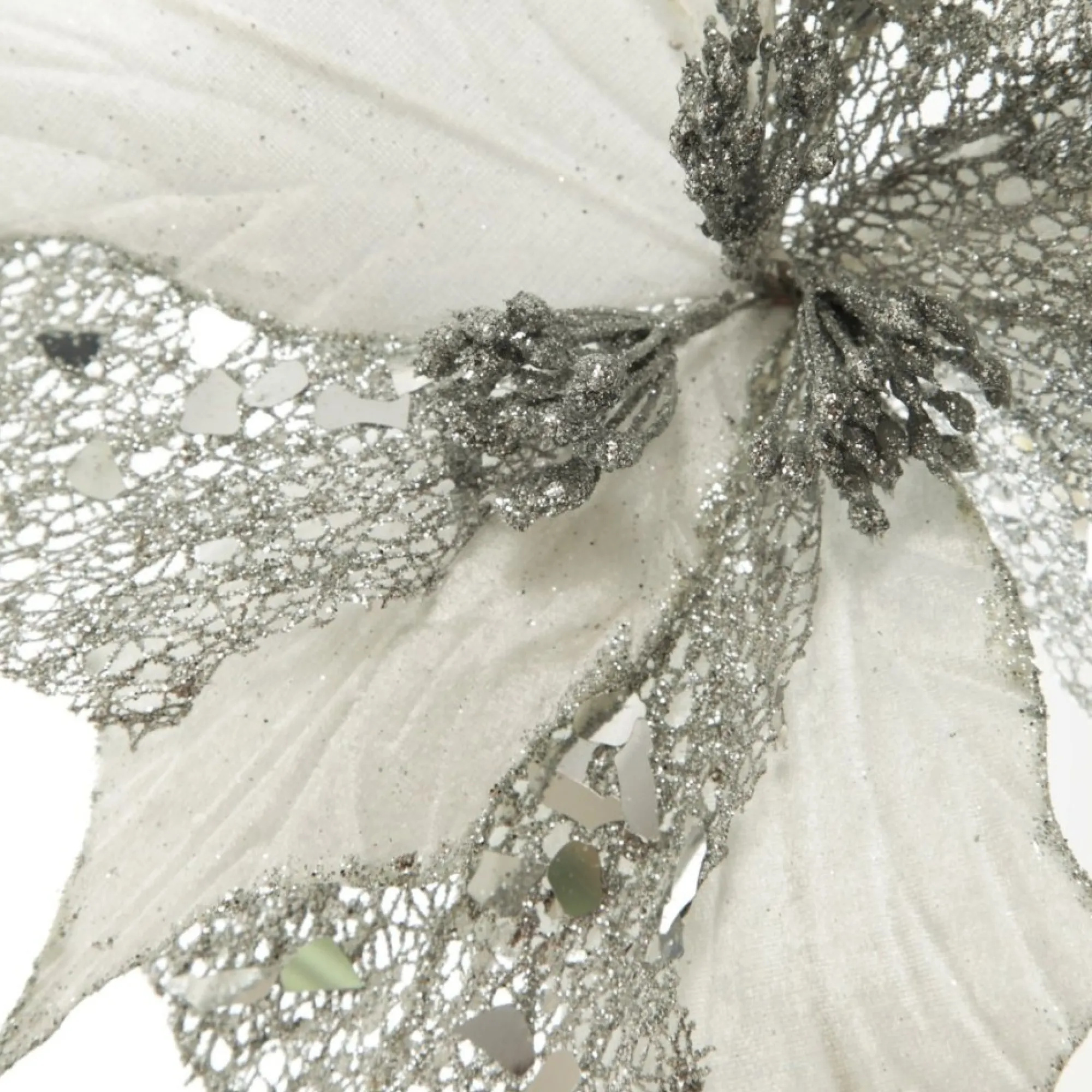 Silver Mesh and White Satin Poinsettia Flower Clip Flash Sale