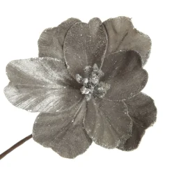 Silver Satin Magnolia Flower Stem with Glitter Trim Fashion