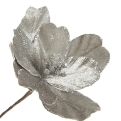 Silver Satin Magnolia Flower Stem with Glitter Trim Fashion