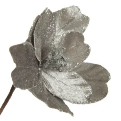 Silver Satin Magnolia Flower Stem with Glitter Trim Fashion