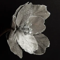 Silver Satin Magnolia Flower Stem with Glitter Trim Fashion
