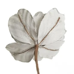 Silver Satin Magnolia Flower Stem with Glitter Trim Fashion