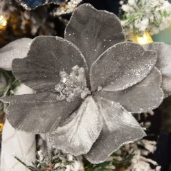 Silver Satin Magnolia Flower Stem with Glitter Trim Fashion