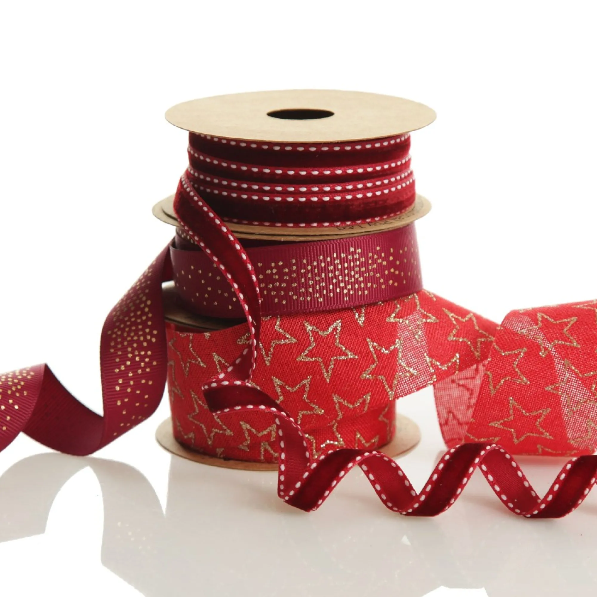 Three Assorted Burgundy and Gold Stars and Dots Christmas Ribbons Hot