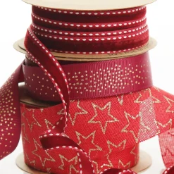 Three Assorted Burgundy and Gold Stars and Dots Christmas Ribbons Hot