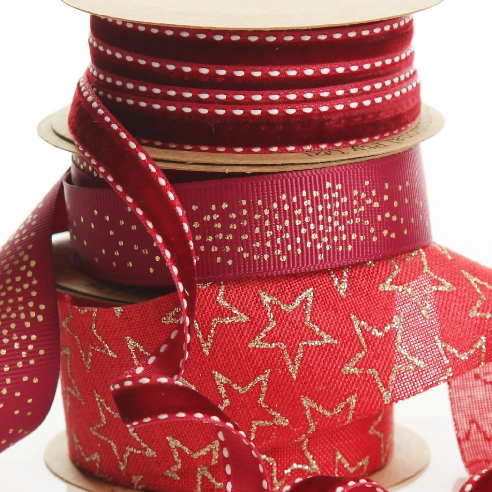 Three Assorted Burgundy and Gold Stars and Dots Christmas Ribbons Hot