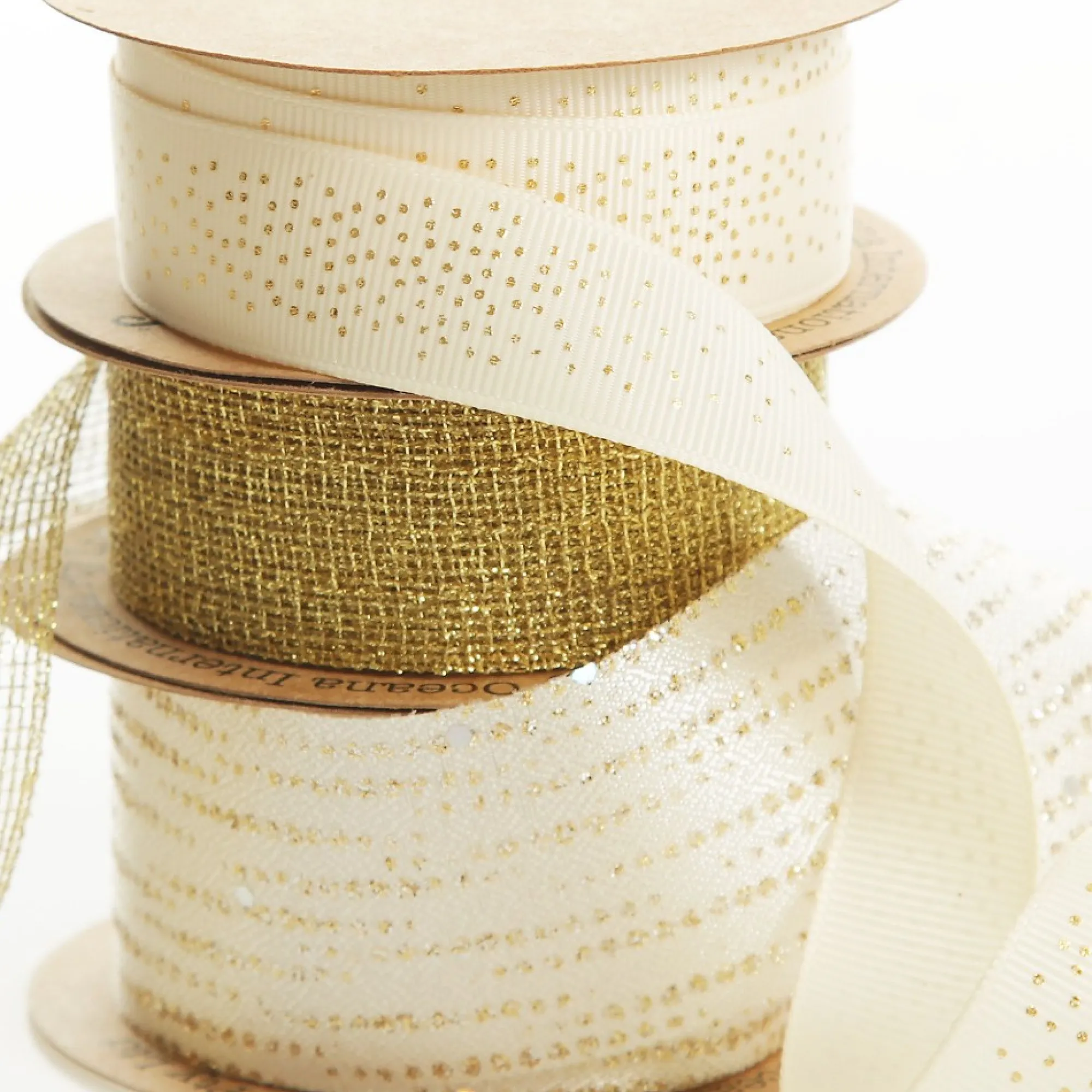 Three Assorted Ivory and Champagne Mesh and Glitter Dots Christmas Ribbons Sale