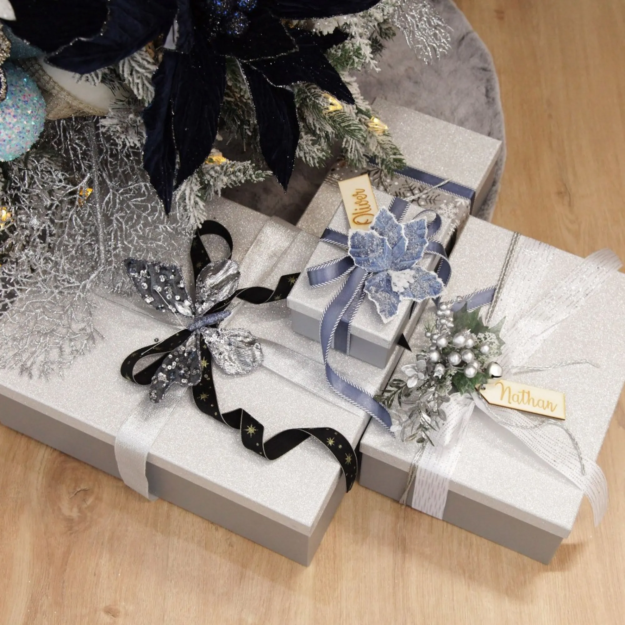 Three Assorted Silver and Blue Braid and Glitter Christmas Ribbons Clearance