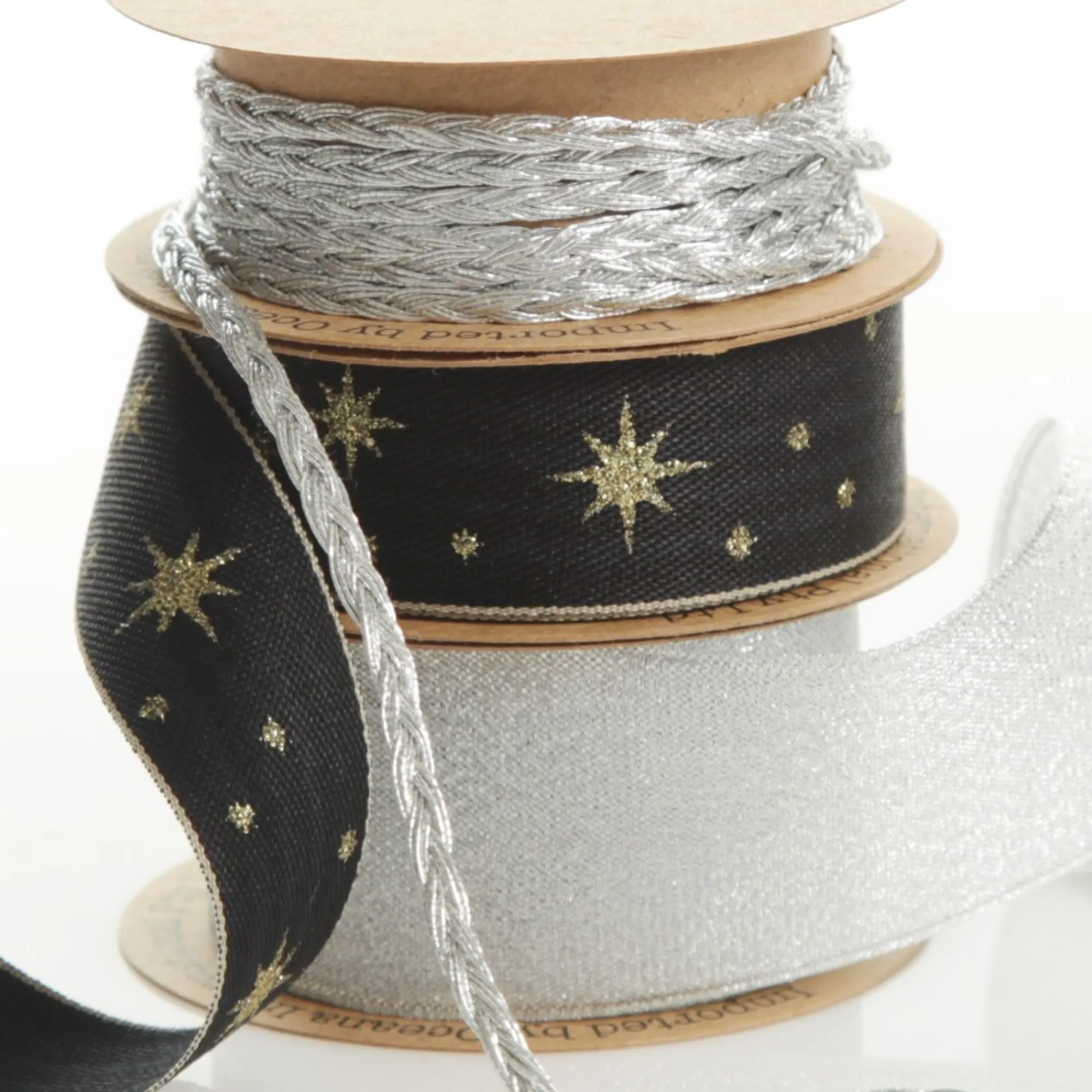 Three Assorted Silver and Blue Braid and Glitter Christmas Ribbons Clearance