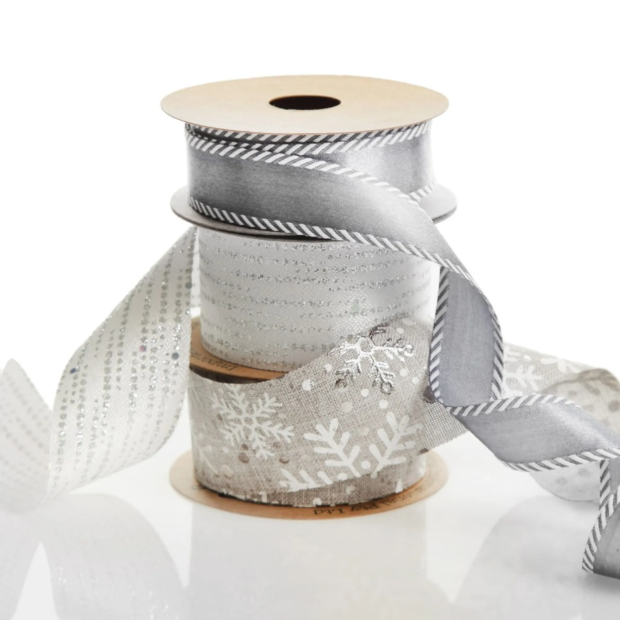 Three Assorted Silver Snowflakes and Dots Christmas Ribbons Cheap