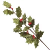 Traditional Green Velvet Holly Leaf Christmas Spray with Red Berries Hot