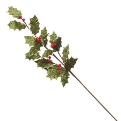 Traditional Green Velvet Holly Leaf Christmas Spray with Red Berries Hot