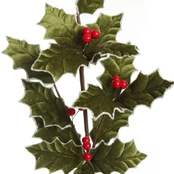 Traditional Green Velvet Holly Leaf Christmas Spray with Red Berries Hot
