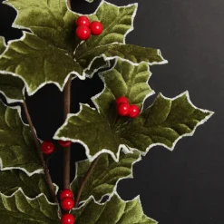 Traditional Green Velvet Holly Leaf Christmas Spray with Red Berries Hot