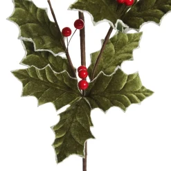 Traditional Green Velvet Holly Leaf Christmas Spray with Red Berries Hot
