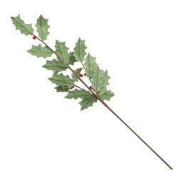 Traditional Green Velvet Holly Leaf Christmas Spray with Red Berries Hot