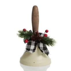 White Christmas Bell with Black Buffalo Check Bow and Pine Berries Store