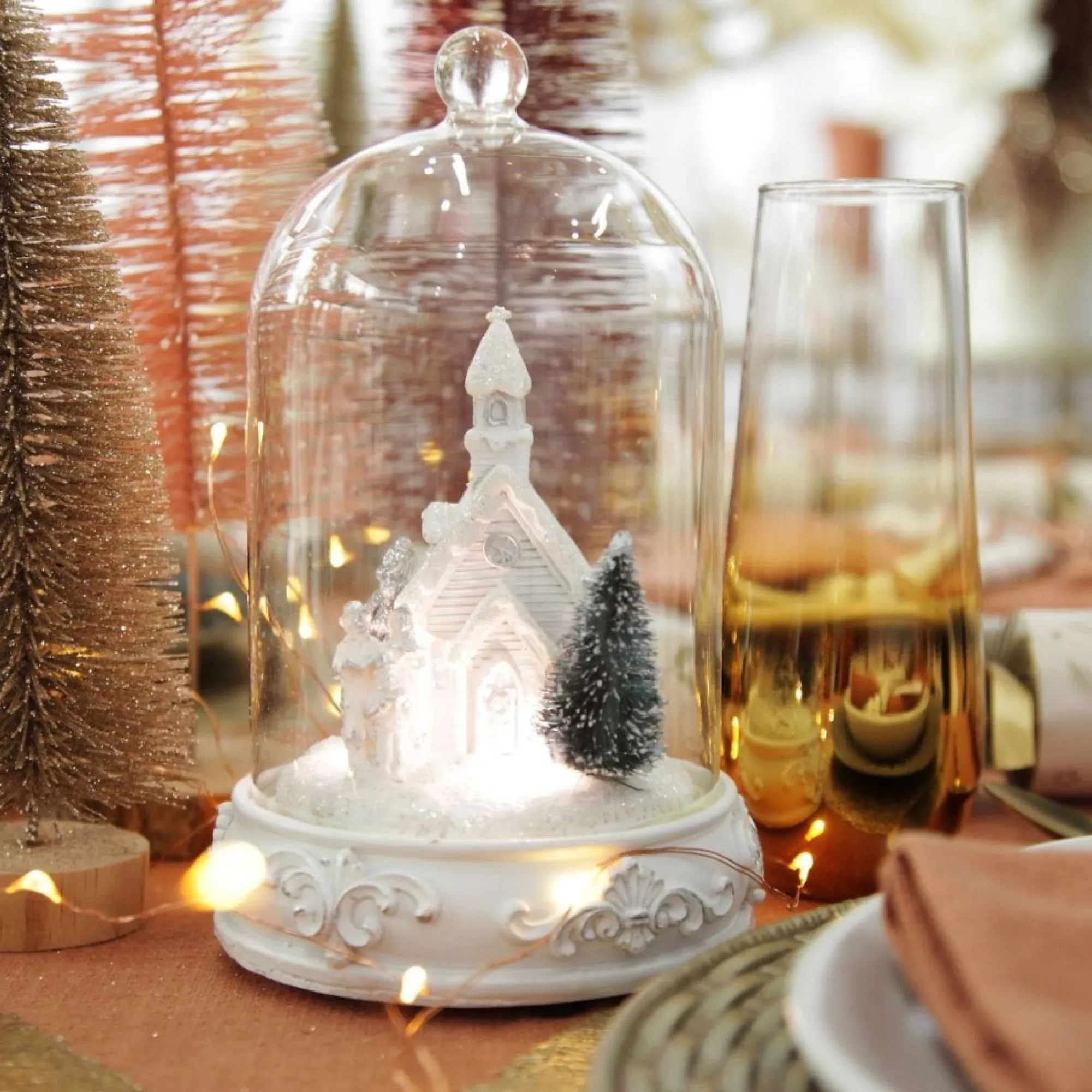 White Church in Glass Cloche Lightup Ornament Shop