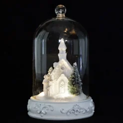 White Church in Glass Cloche Lightup Ornament Shop