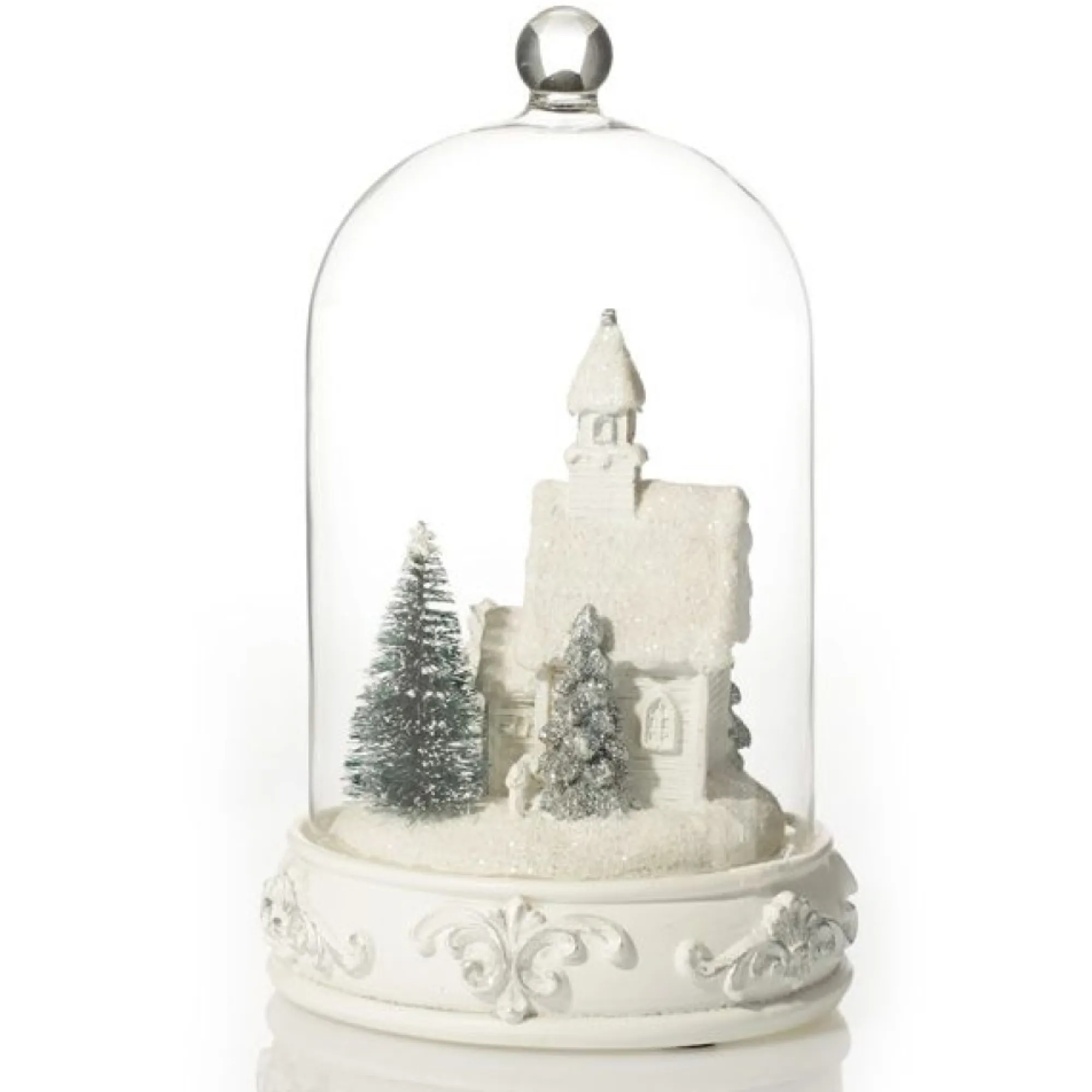White Church in Glass Cloche Lightup Ornament Shop
