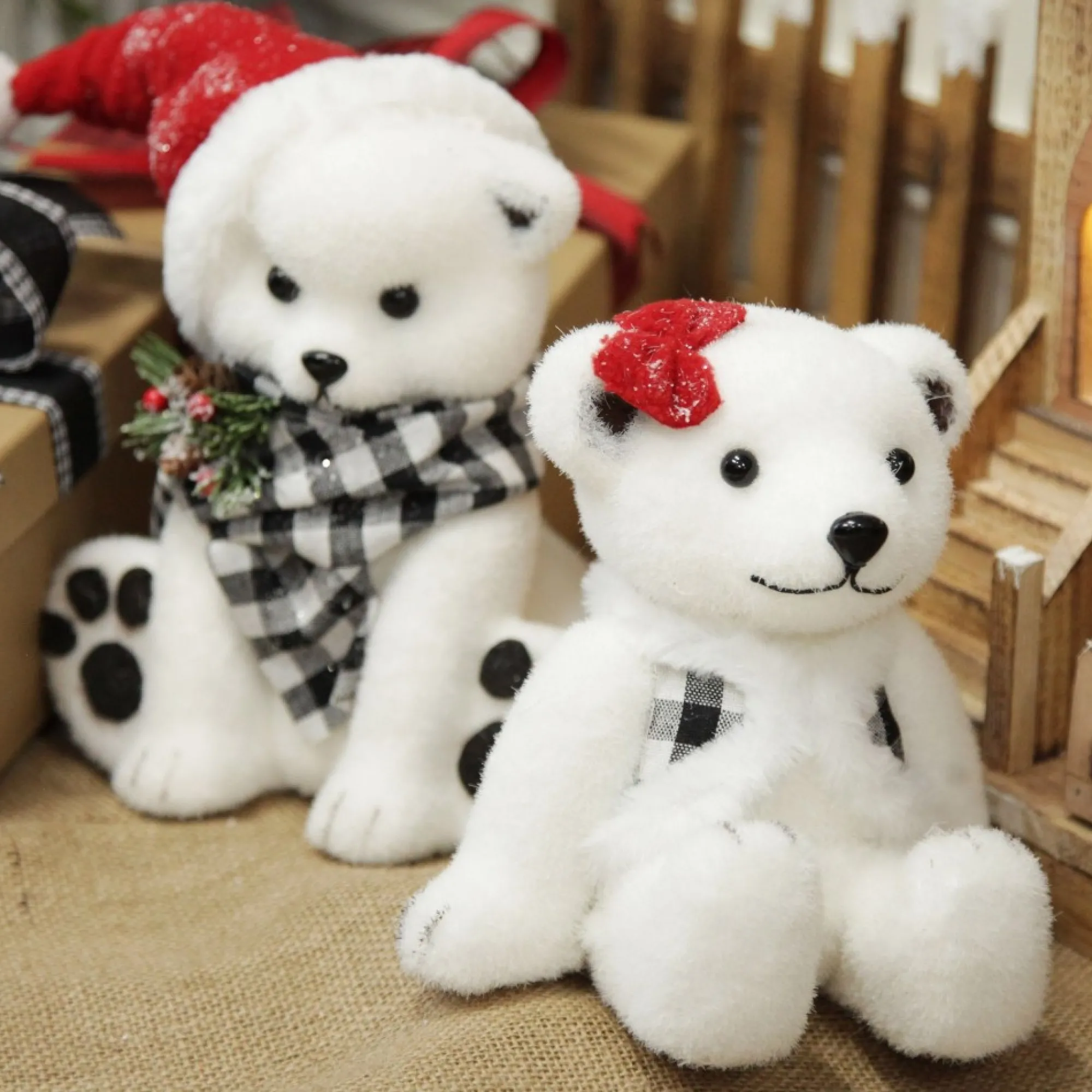White Girl Polar Bear Cub Sitting with Red Bow Store