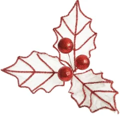 White Glitter Holly Leaf Stem with Red Tinsel Trim Best