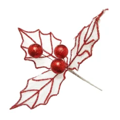 White Glitter Holly Leaf Stem with Red Tinsel Trim Best